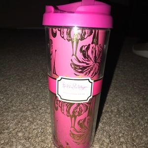 Lily Pulitzer thermal mug. Pink flamingo design